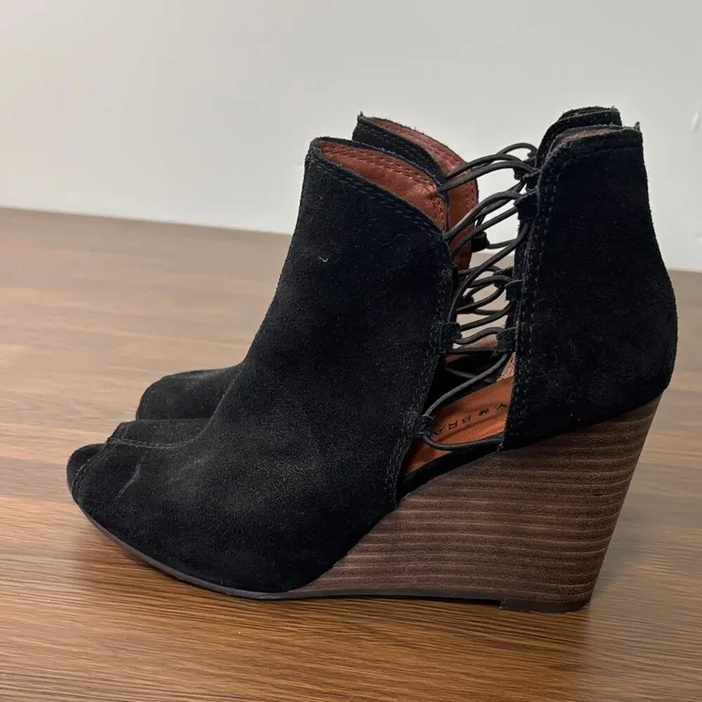 Lucky Brand Black Suede‎ Peep-Toe Wedge Booties Sz 9